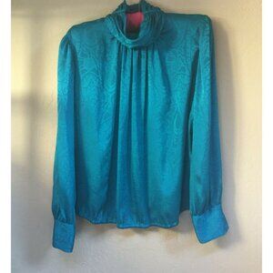 Vintage La Chine Classic by Galinda Wans Teal Blue Paisley Jacquard Blouse Sz 14